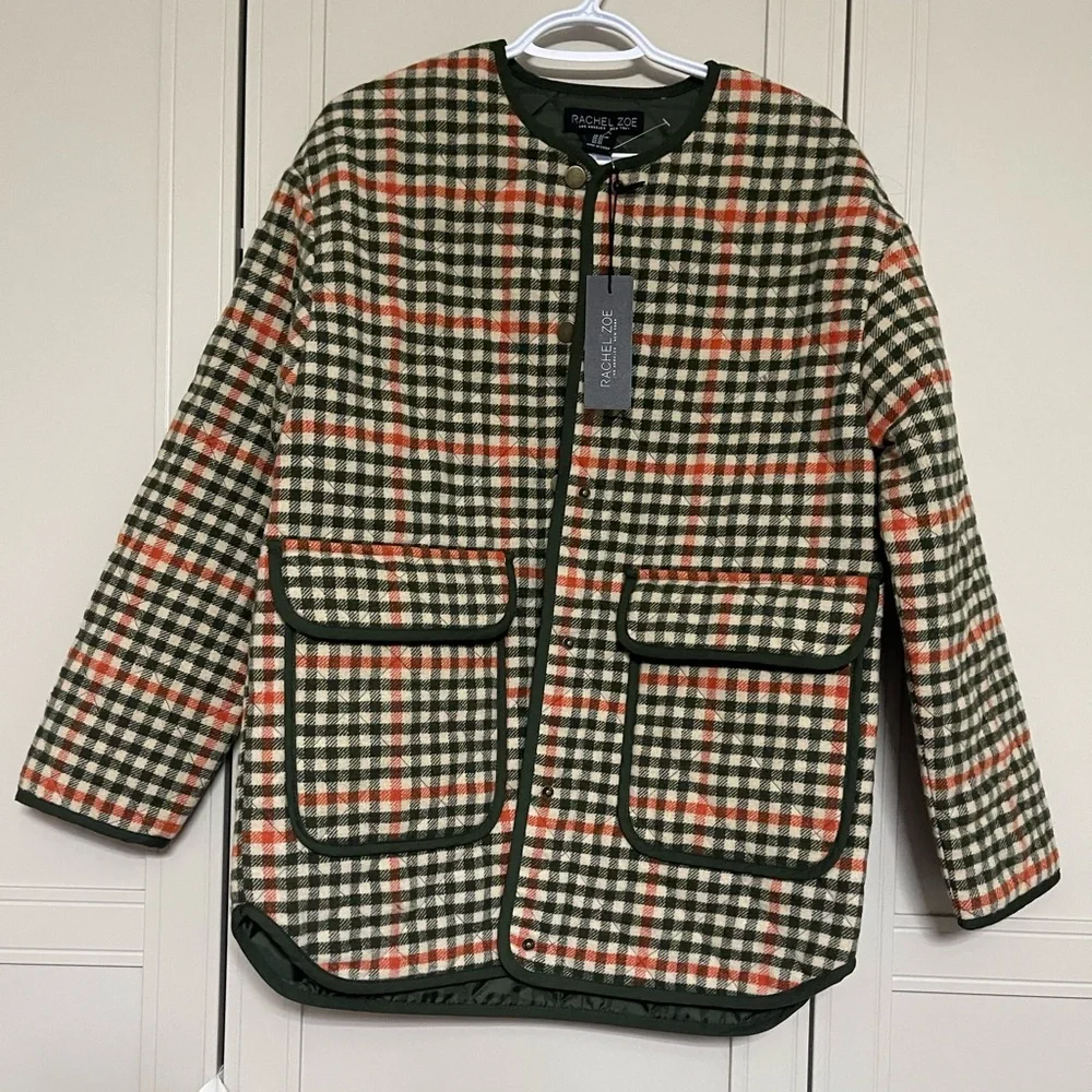 NWT Rachel Zoe Oversized Plaid Quilted Snap Down Wool Blend Jacket - Picture 2 of 11